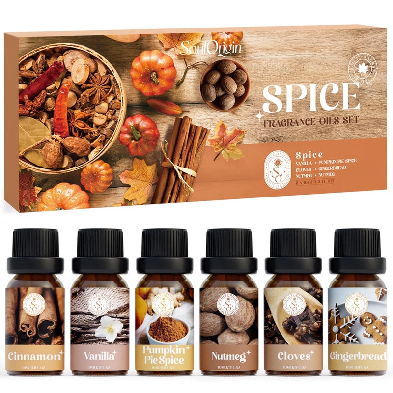 SoulOrigin Autumn Spice Essential Oils Set, Fragrance Oil Set for Oil Diffusers, Scented Oils for Soap Candle Making 6x10ml - Cinnamon, Nutmeg, Vanilla, Gingerbread, Pumpkin Pie Spice, and Cloves